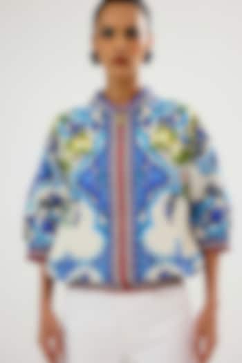 Ivory & Blue Cotton Poplin Printed Jacket by Rajdeep Ranawat at Pernia's Pop Up Shop