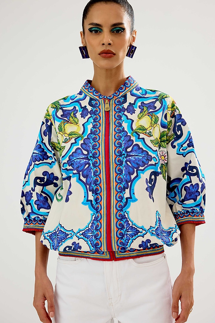 Ivory & Blue Cotton Poplin Printed Jacket by Rajdeep Ranawat at Pernia's Pop Up Shop