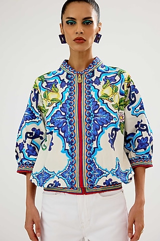 Ivory & Blue Cotton Poplin Printed Jacket by Rajdeep Ranawat