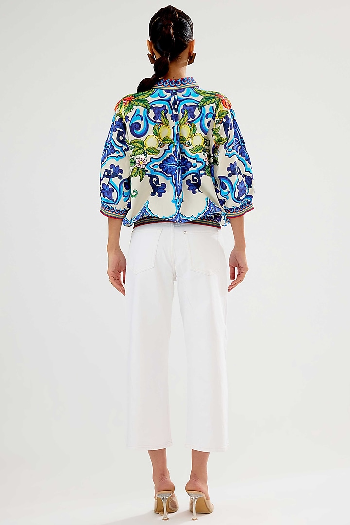 Ivory & Blue Cotton Poplin Printed Jacket by Rajdeep Ranawat at Pernia's Pop Up Shop