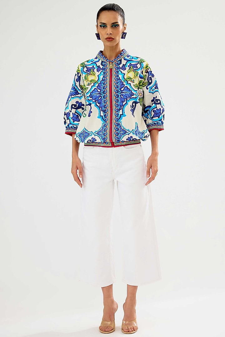 Ivory & Blue Cotton Poplin Printed Jacket by Rajdeep Ranawat at Pernia's Pop Up Shop