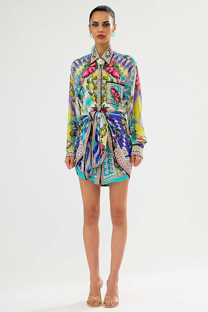 Multi-Colored Modal Satin Printed Mini Draped Vacation Dress by Rajdeep Ranawat at Pernia's Pop Up Shop