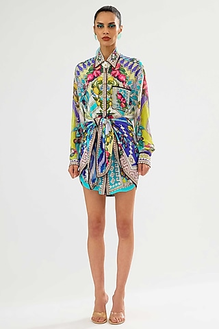 Multi-Colored Modal Satin Printed Mini Draped Dress by Rajdeep Ranawat