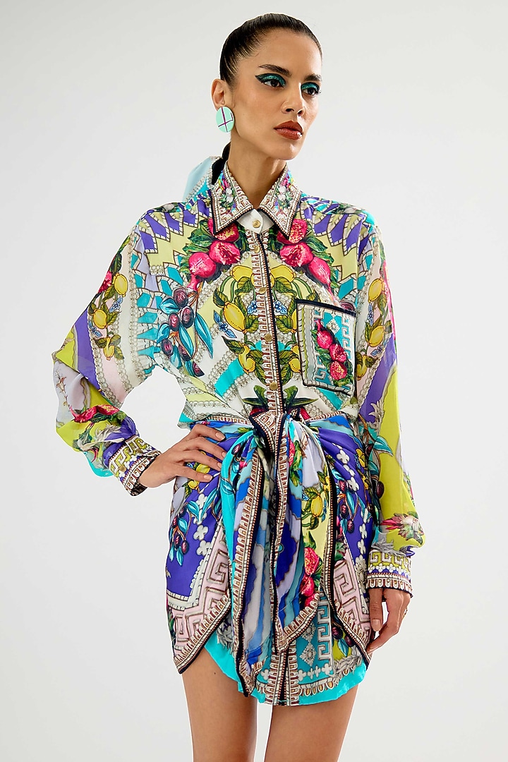 Multi-Colored Modal Satin Printed Mini Draped Vacation Dress by Rajdeep Ranawat at Pernia's Pop Up Shop