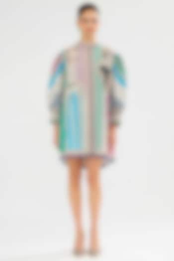 Aqua & Pink Cotton Poplin Printed Mini Vacation Dress by Rajdeep Ranawat at Pernia's Pop Up Shop