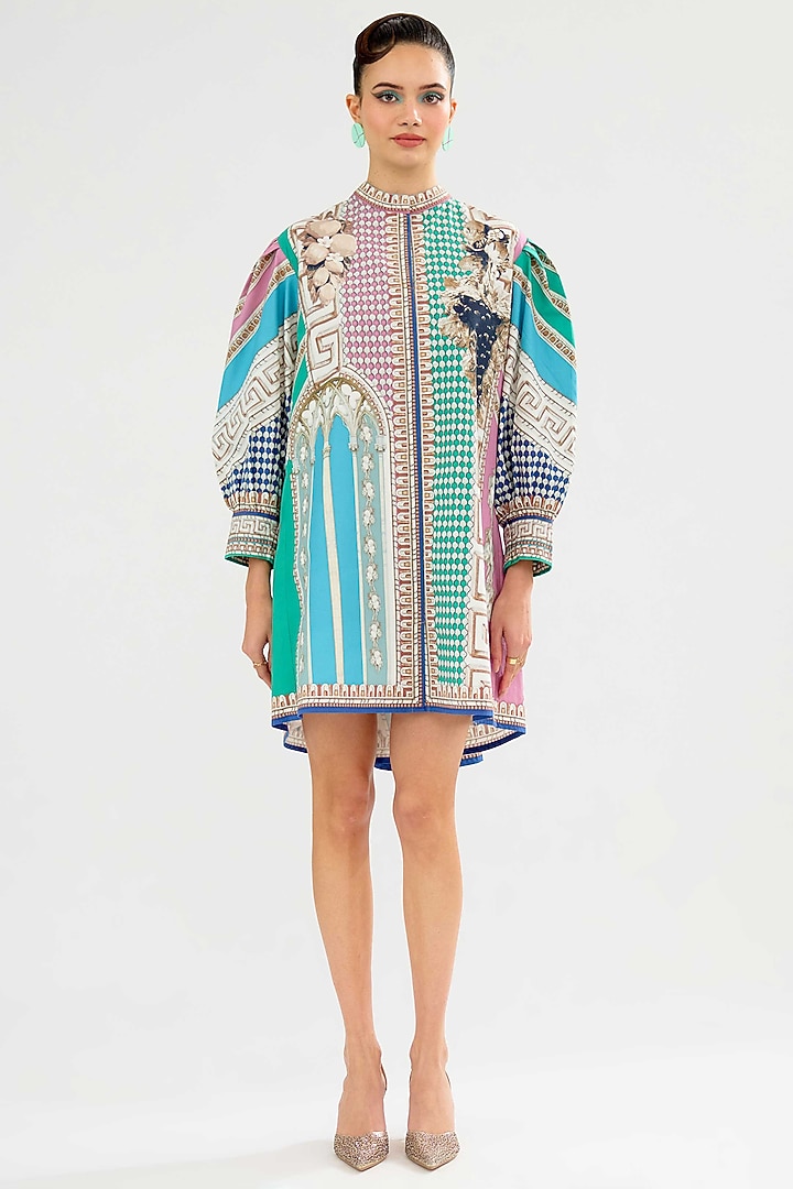 Aqua & Pink Cotton Poplin Printed Mini Vacation Dress by Rajdeep Ranawat at Pernia's Pop Up Shop