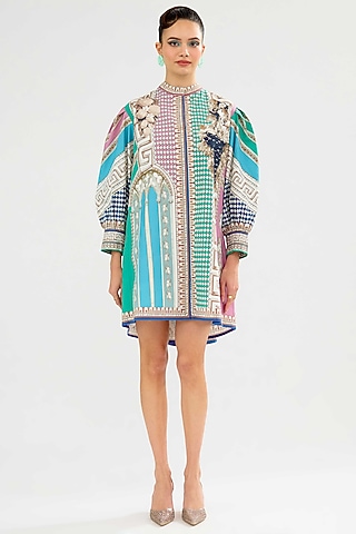 Aqua & Pink Cotton Poplin Printed Mini Dress by Rajdeep Ranawat