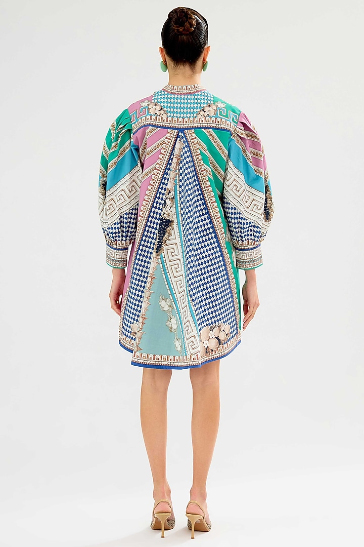 Aqua & Pink Cotton Poplin Printed Mini Vacation Dress by Rajdeep Ranawat at Pernia's Pop Up Shop