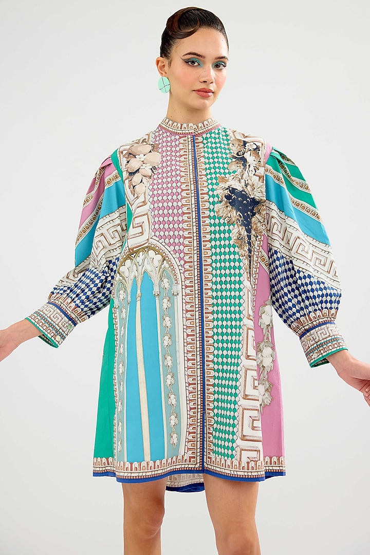 Aqua & Pink Cotton Poplin Printed Mini Vacation Dress by Rajdeep Ranawat at Pernia's Pop Up Shop