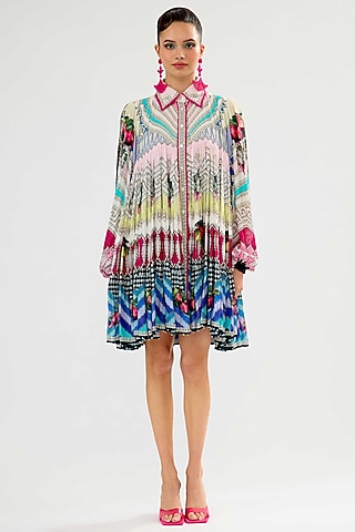 Multi-Colored Cotton Poplin Printed Mini Dress by Rajdeep Ranawat