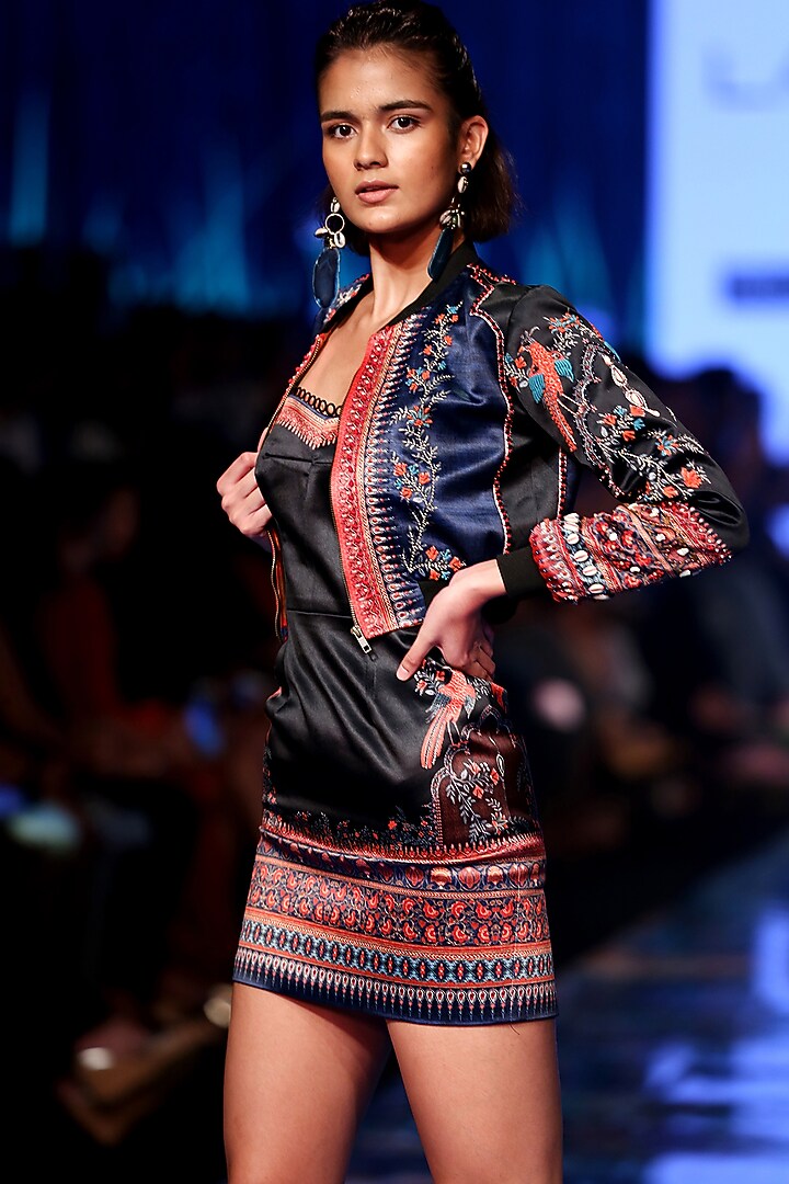 Navy Blue Embroidered & Printed Bomber Jacket With Cocktail Dress by Rajdeep Ranawat at Pernia's Pop Up Shop