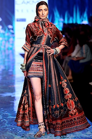 Navy Blue Embroidered Shirt Dress With Skirt & Scarf by Rajdeep Ranawat