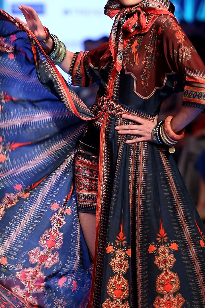Navy Blue Embroidered Party Wear Shirt Dress With Skirt & Scarf by Rajdeep Ranawat at Pernia's Pop Up Shop