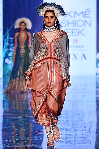 Coral Printed Draped Kaftan With Palazzo Pants by Rajdeep Ranawat