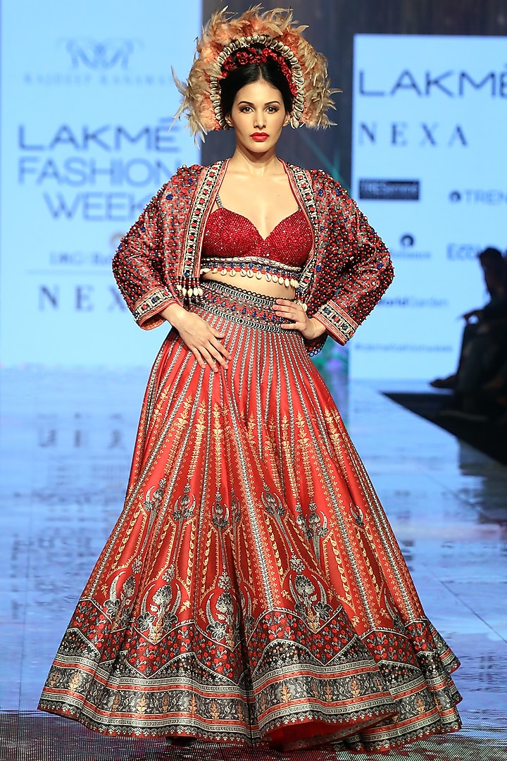 Ruby Red Embroidered Jacket Lehenga Set by Rajdeep Ranawat