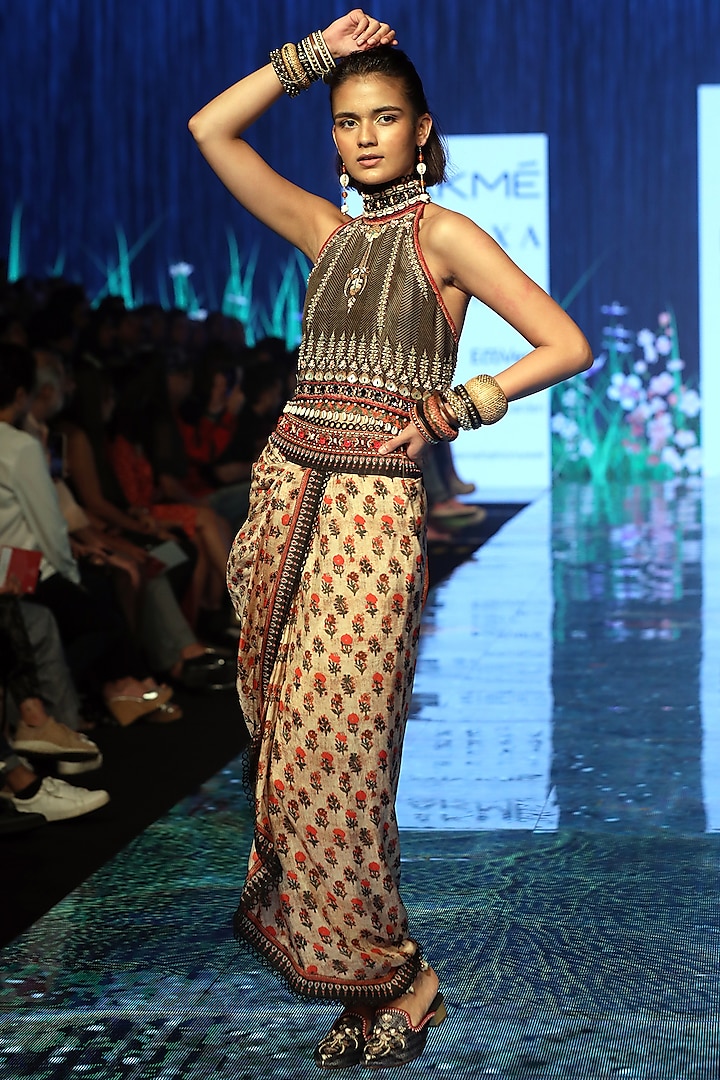Beige Embroidered Draped Skirt Set by Rajdeep Ranawat