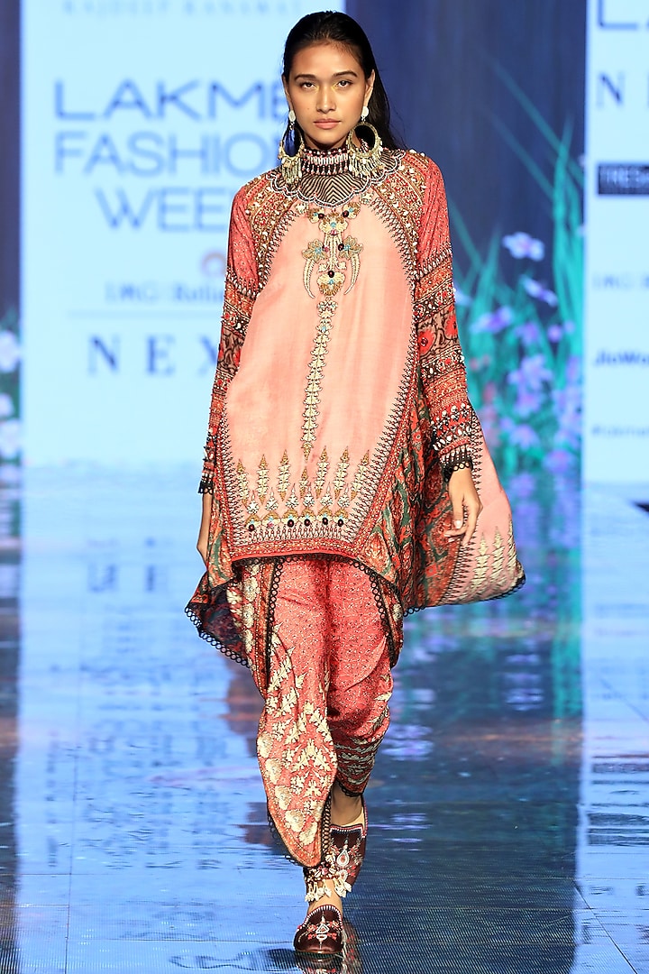 Rose Pink Printed & Embroidered Tunic With Dhoti Pants by Rajdeep Ranawat