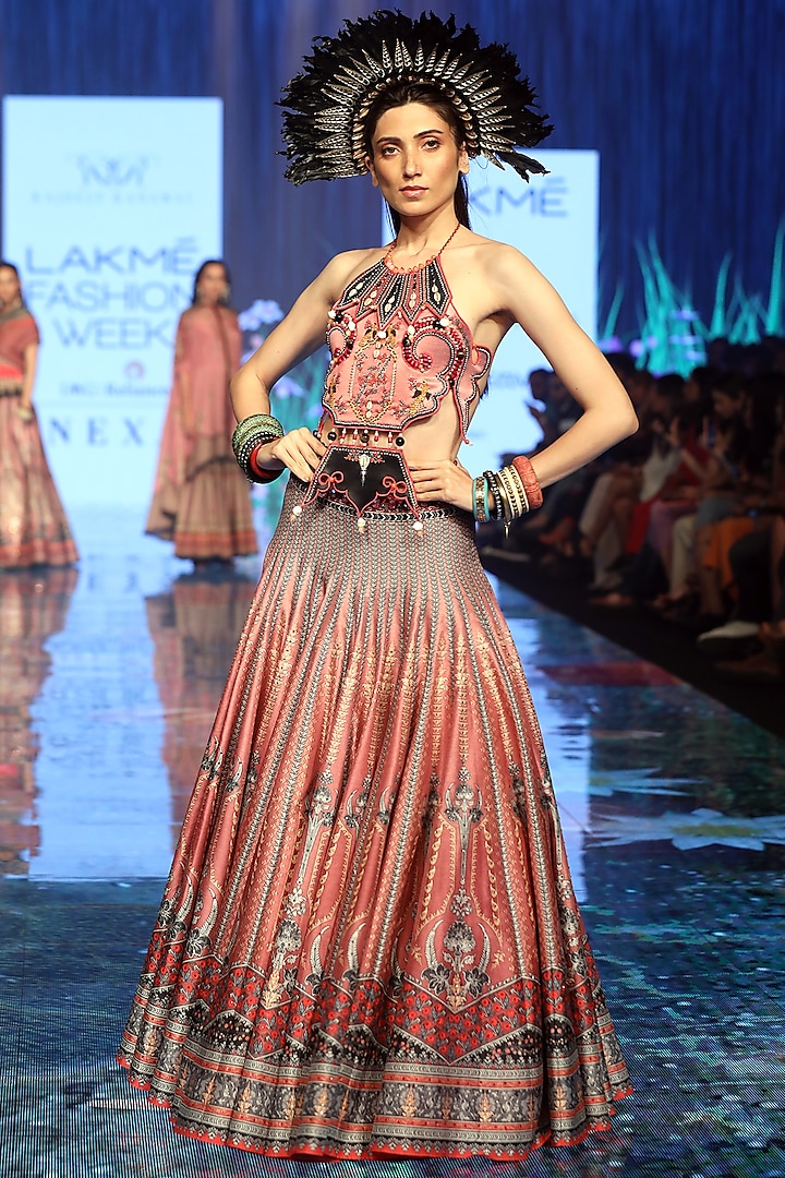 Old Rose Pink Printed & Embroidered Lehenga With Blouse by Rajdeep Ranawat