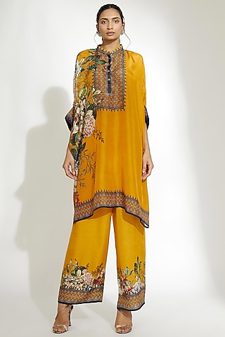 Mustard Poncho Tunic In Silk by Rajdeep Ranawat