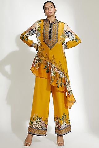 Mustard Silk Asymmetrical Shirt by Rajdeep Ranawat