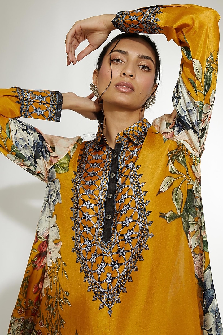 Mustard Silk Asymmetrical Shirt by Rajdeep Ranawat at Pernia's Pop Up Shop