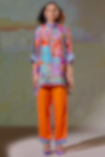 Orange Printed Pant Set In Satin by Rajdeep Ranawat