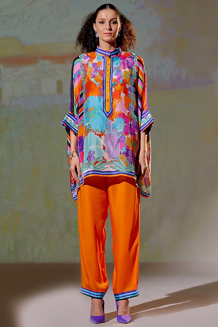 Orange Printed Pant Set In Satin by Rajdeep Ranawat