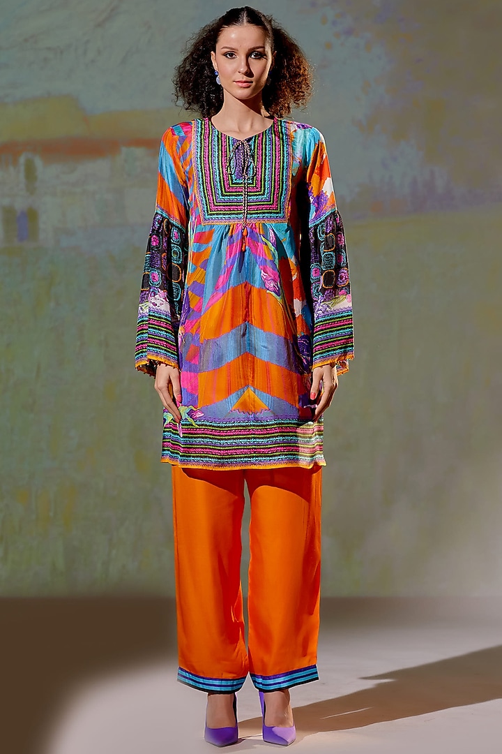 Orange Pant Set In Silk & Satin by Rajdeep Ranawat