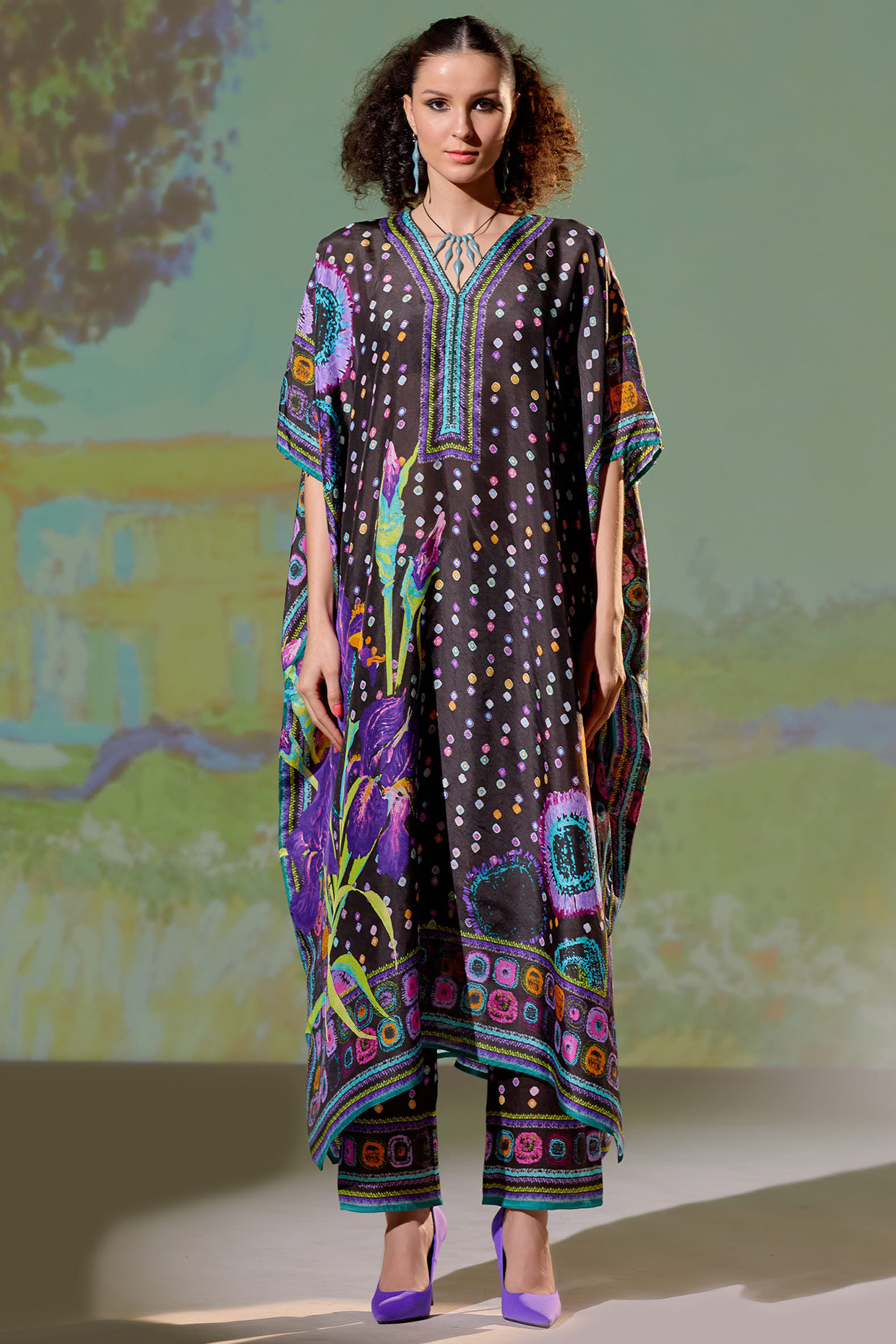 Black Printed Kaftan by Rajdeep Ranawat at Pernia's Pop Up Shop