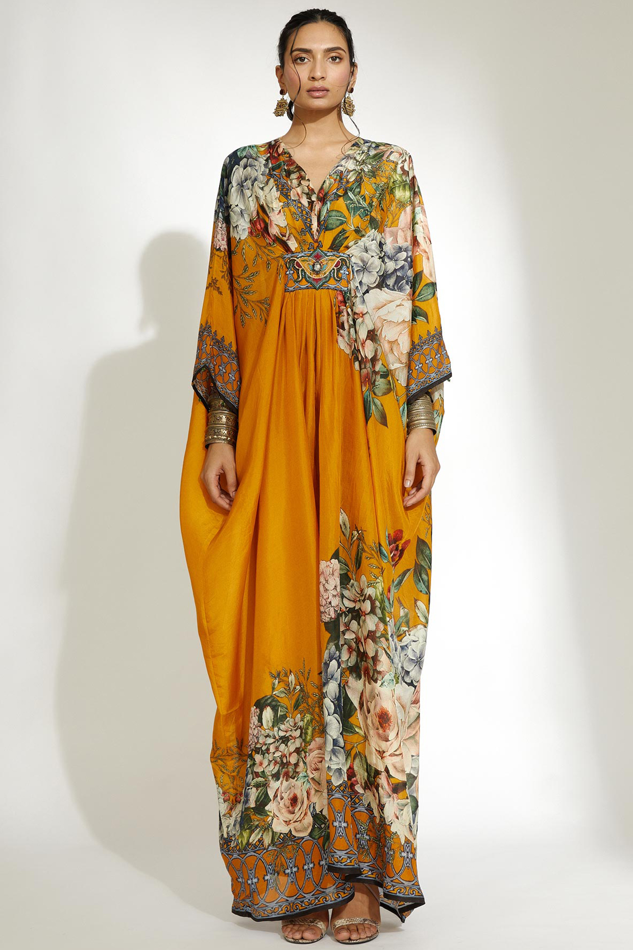 Mustard Silk Printed Kaftan by Rajdeep Ranawat at Pernia's Pop Up Shop