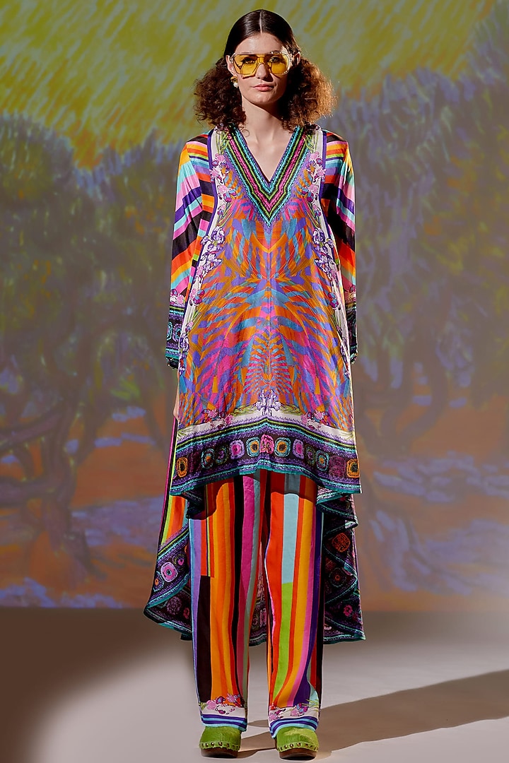 Multi-Colored Tunic Set In Silk by Rajdeep Ranawat