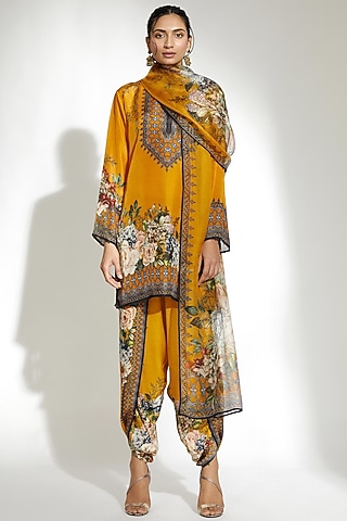 Mustard Satin Printed Dhoti Pants by Rajdeep Ranawat