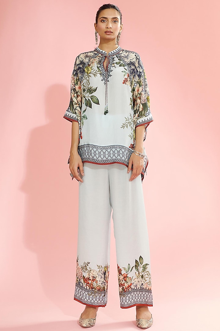 Powder Blue Printed Palazzo Pants by Rajdeep Ranawat at Pernia's Pop Up Shop