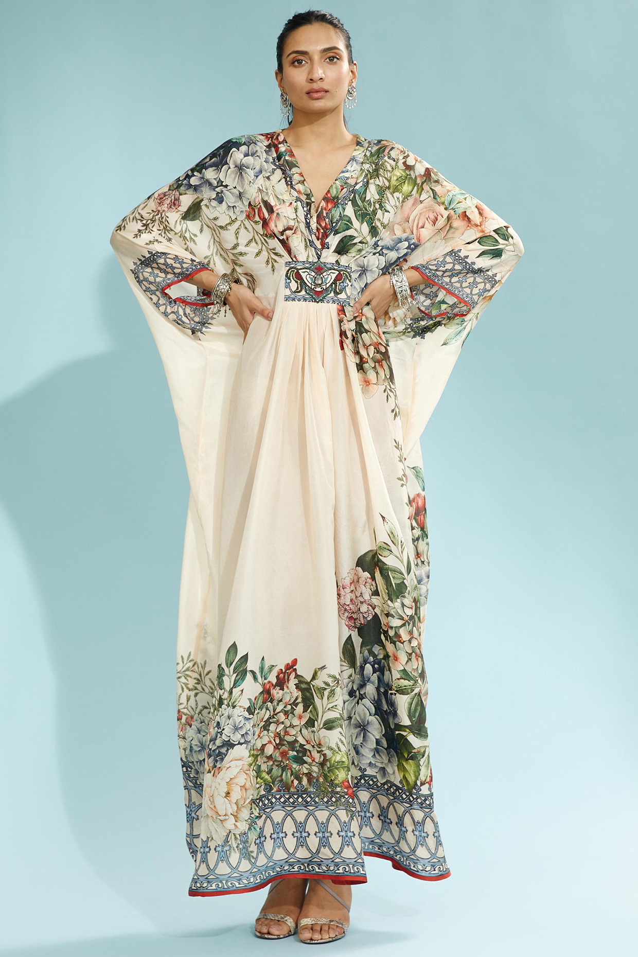 Beige Silk Printed Kaftan by Rajdeep Ranawat at Pernia's Pop Up Shop