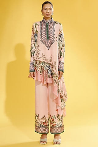 Blush Pink Asymmetrical Silk Shirt by Rajdeep Ranawat