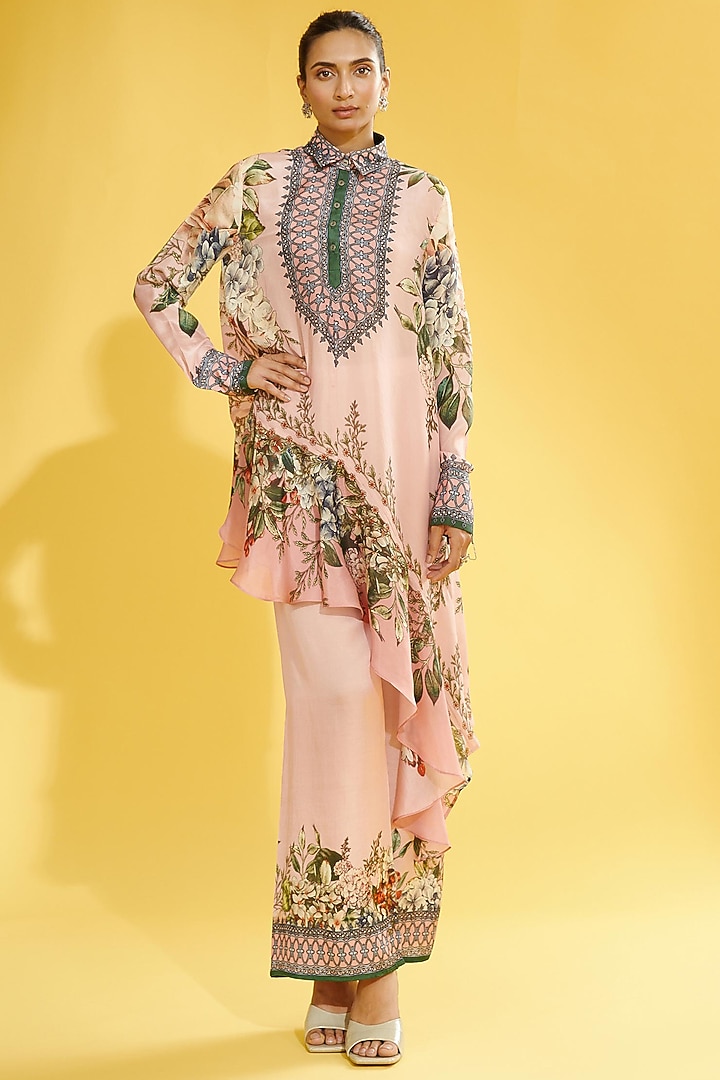 Blush Pink Asymmetrical Silk Shirt by Rajdeep Ranawat at Pernia's Pop Up Shop