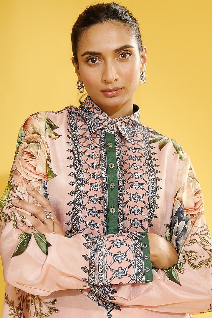 Blush Pink Asymmetrical Silk Shirt by Rajdeep Ranawat at Pernia's Pop Up Shop