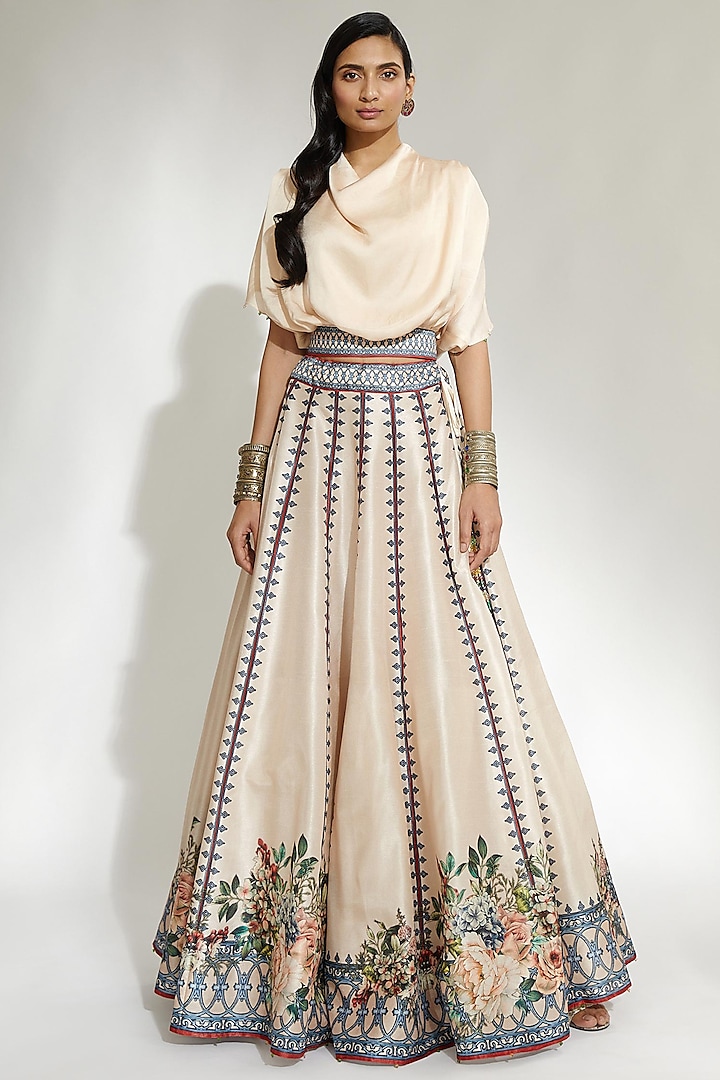 Beige Printed Skirt Set by Rajdeep Ranawat