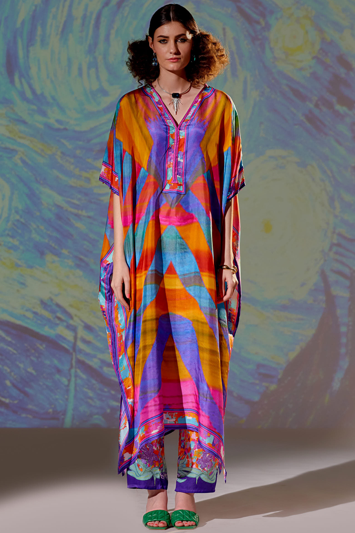 Multi-Colored Printed Kaftan In Silk by Rajdeep Ranawat at Pernia's Pop Up Shop