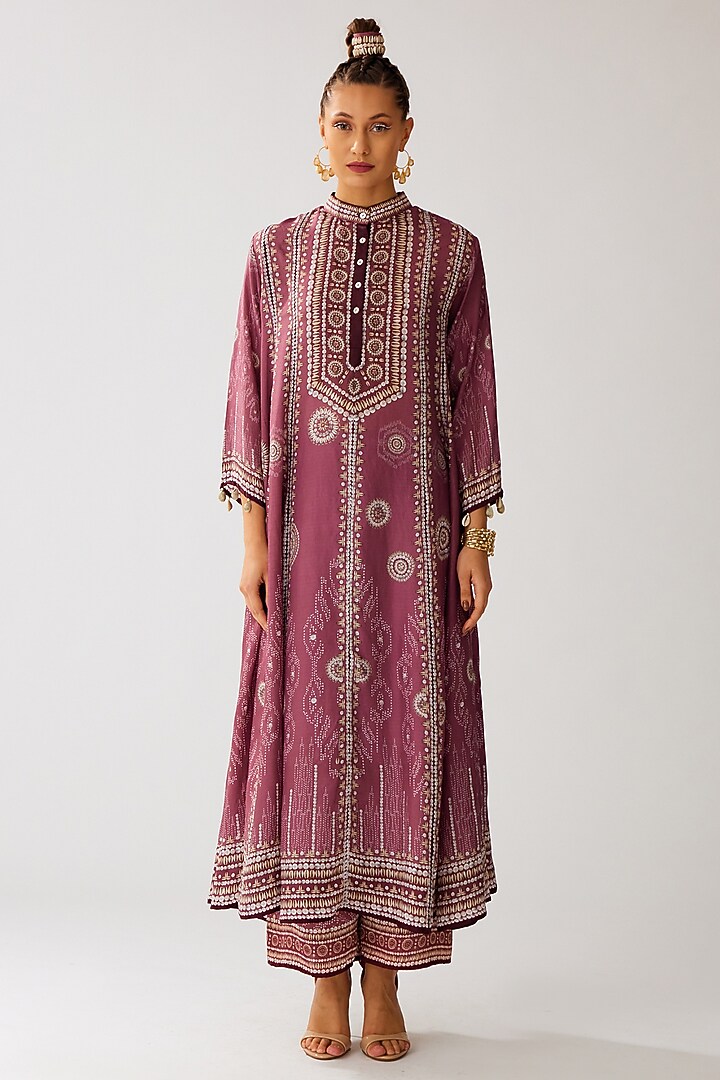 Vintage Rose Silk Printed Wedding Anarkali Set by Rajdeep Ranawat at Pernia's Pop Up Shop