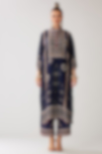 Navy Blue Silk Printed Tunic Set by Rajdeep Ranawat at Pernia's Pop Up Shop