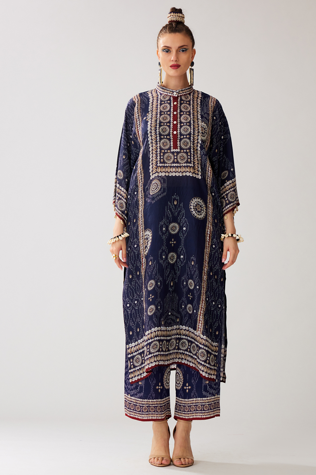 Navy Blue Silk Printed Tunic Set by Rajdeep Ranawat at Pernia's Pop Up Shop