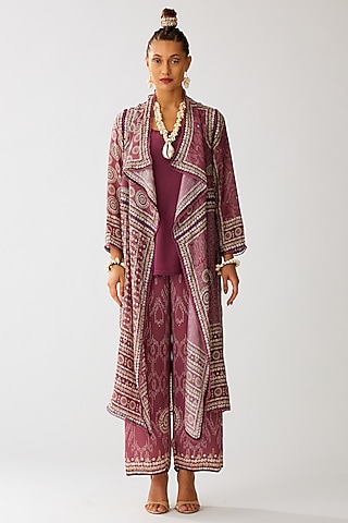 Vintage Rose Silk Printed Jacket Set by Rajdeep Ranawat