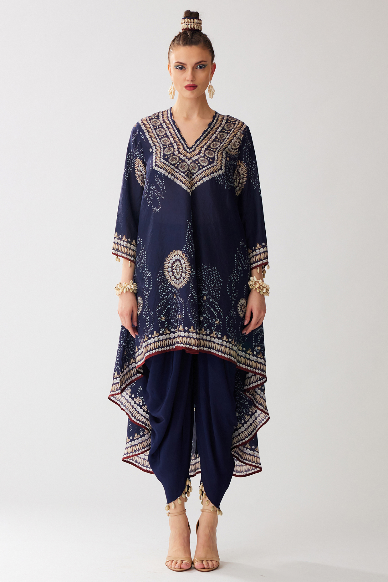 Navy Blue Silk Printed High-Low Tunic Set by Rajdeep Ranawat at Pernia's Pop Up Shop