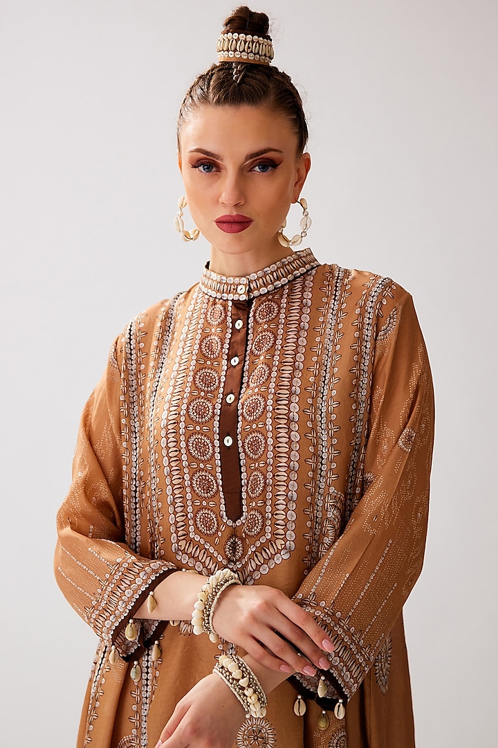 Caramel Silk Printed Wedding Anarkali Set by Rajdeep Ranawat at Pernia's Pop Up Shop