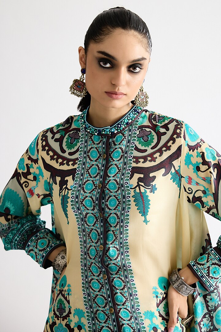 Lemon Yellow Silk Printed Tunic Set by Rajdeep Ranawat at Pernia's Pop Up Shop