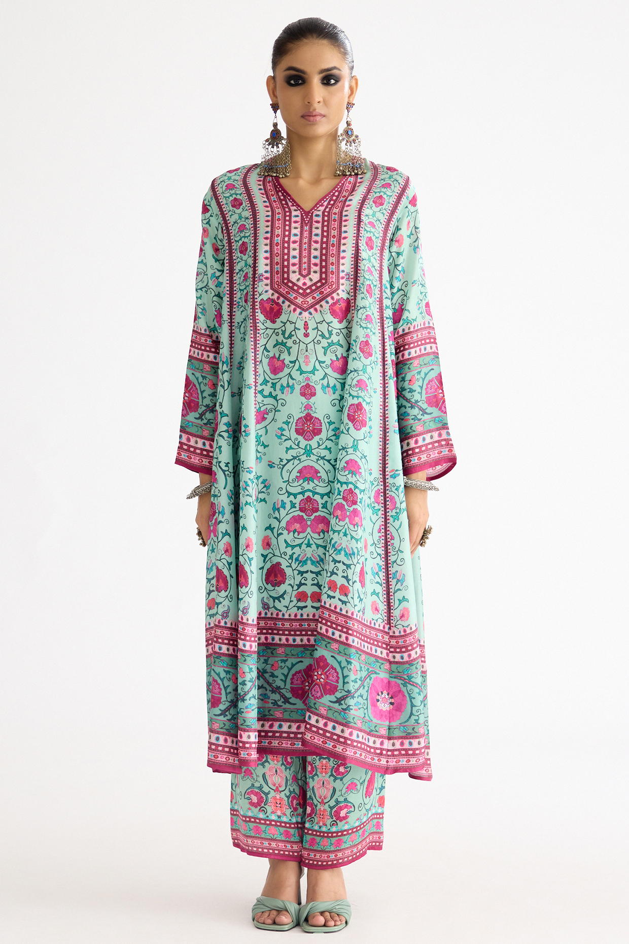 Mint Silk Printed Anarkali Tunic Set by Rajdeep Ranawat at Pernia's Pop Up Shop