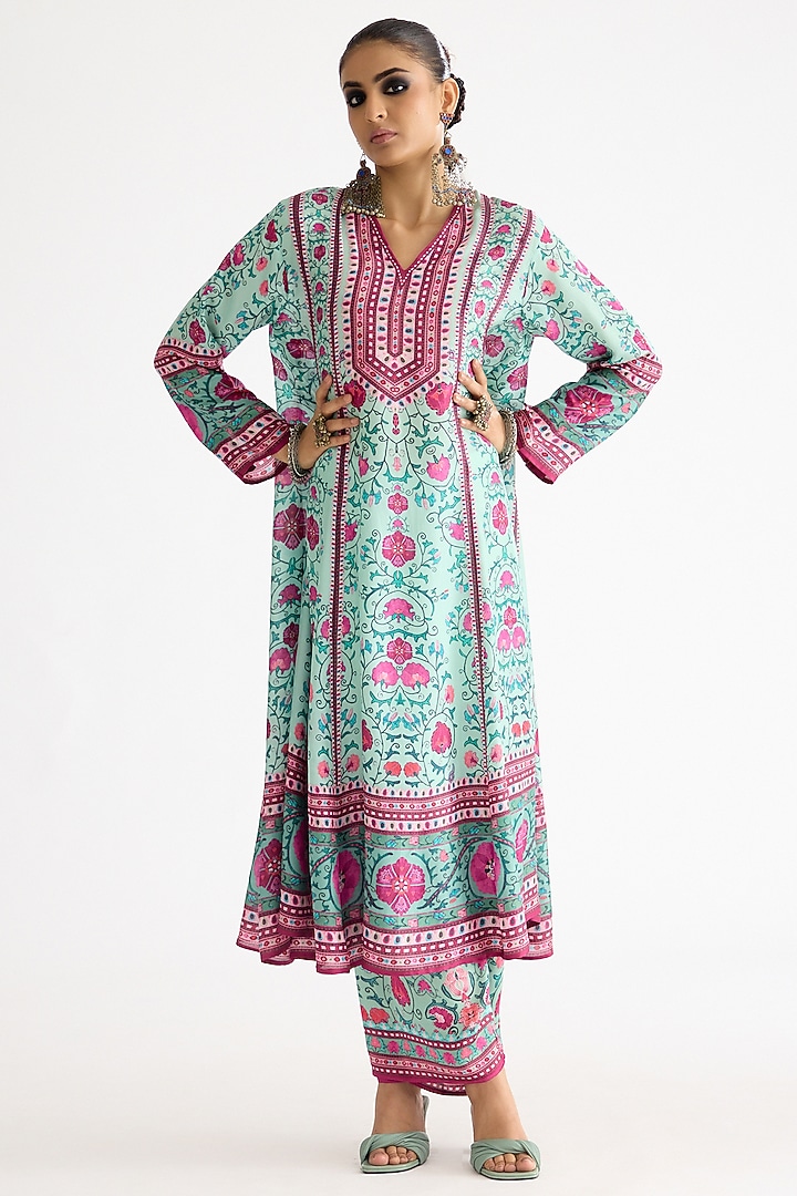 Mint Silk Printed Anarkali Tunic Set by Rajdeep Ranawat at Pernia's Pop Up Shop