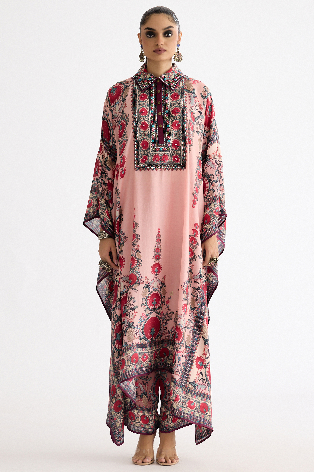 Blush Pink Silk Printed Boxy Kaftan Set by Rajdeep Ranawat at Pernia's Pop Up Shop
