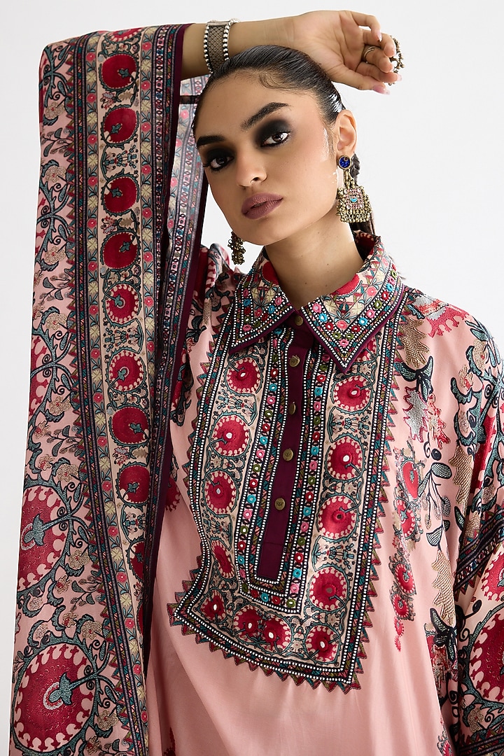 Blush Pink Silk Printed Boxy Kaftan Set by Rajdeep Ranawat at Pernia's Pop Up Shop